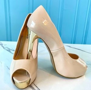 GUESS Nude Peep Toe Heel with Gold Accents